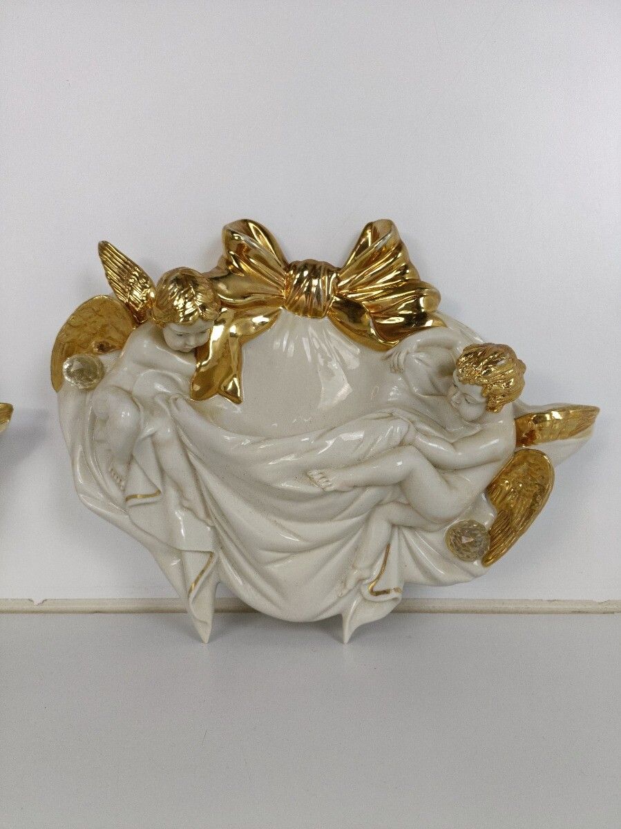 Pair Capodimonte Bedin Wall Hangings Planters Fonts Porcelain Italy Angels Gold photo for sale
