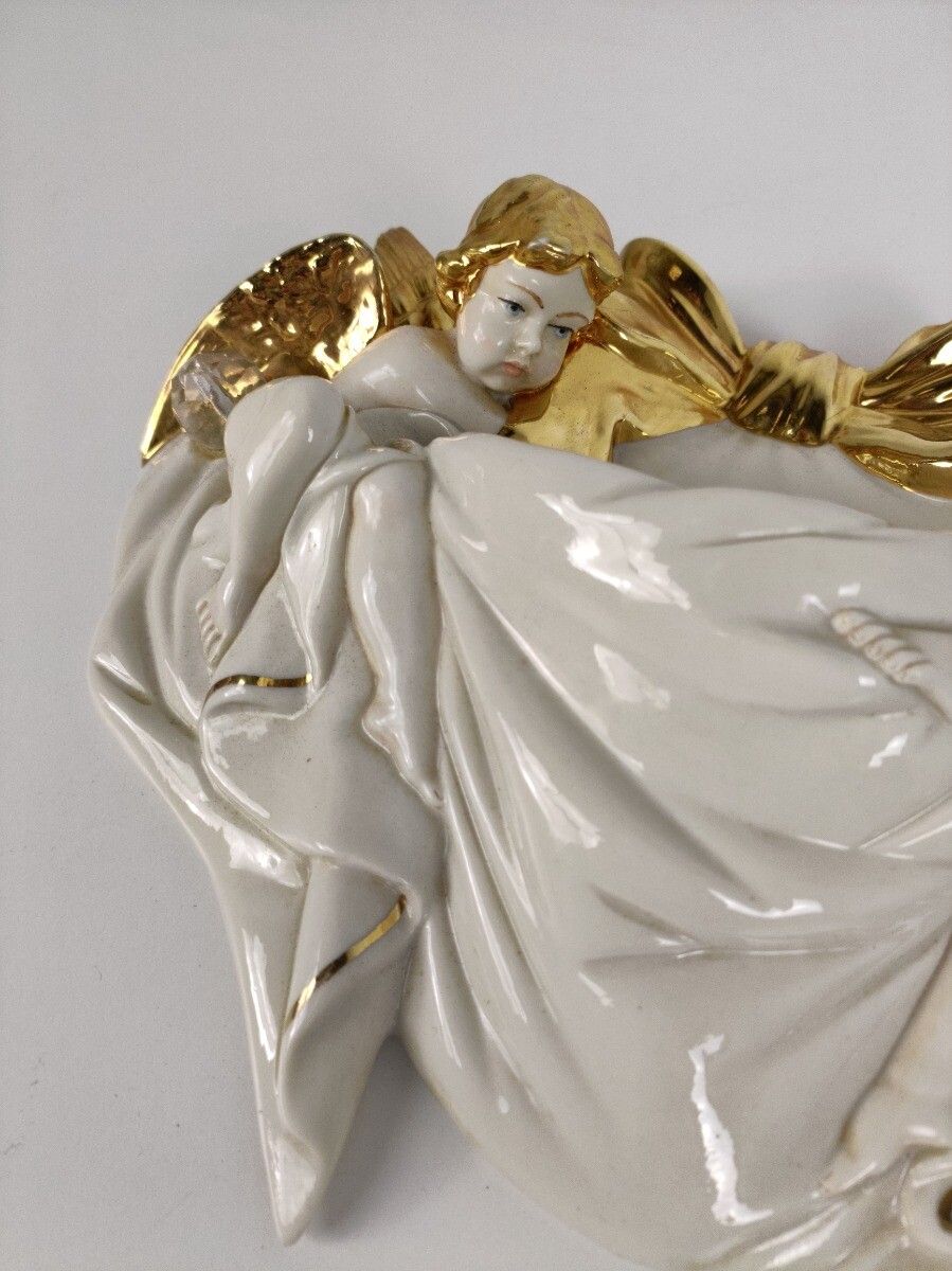 Pair Capodimonte Bedin Wall Hangings Planters Fonts Porcelain Italy Angels Gold photo vintage