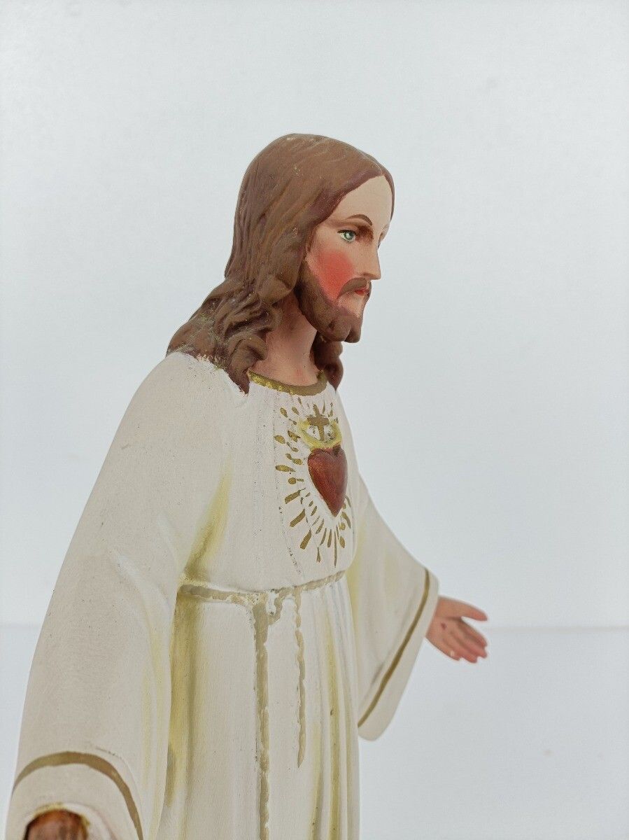 Large Statue Jesus Christ Sacred Heart Open Arms Polychrome French Venez Chez Mo photo for sale