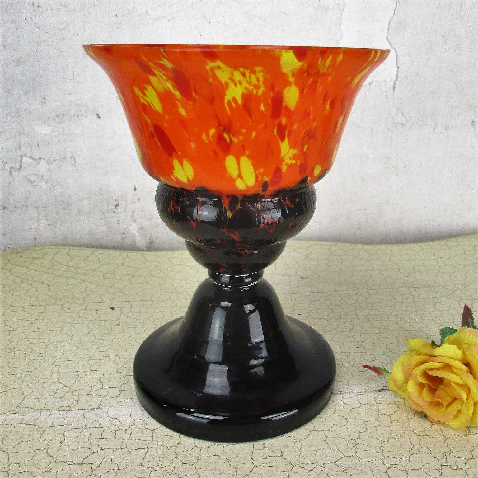 Vase Chalice Millefiori Art Glass Orange Yellow Black Base Funky 7.87" photo furniture