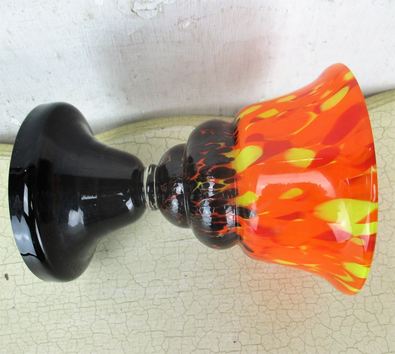 Vase Chalice Millefiori Art Glass Orange Yellow Black Base Funky 7.87" photo buy