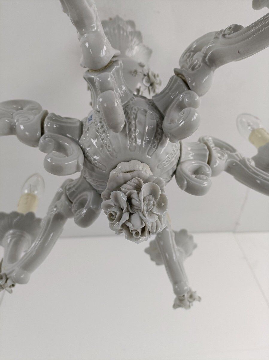 Capodimonte Porcelain Chandelier 6 Arm Lights, White, Marked, Very Special, Vint photo vinterior