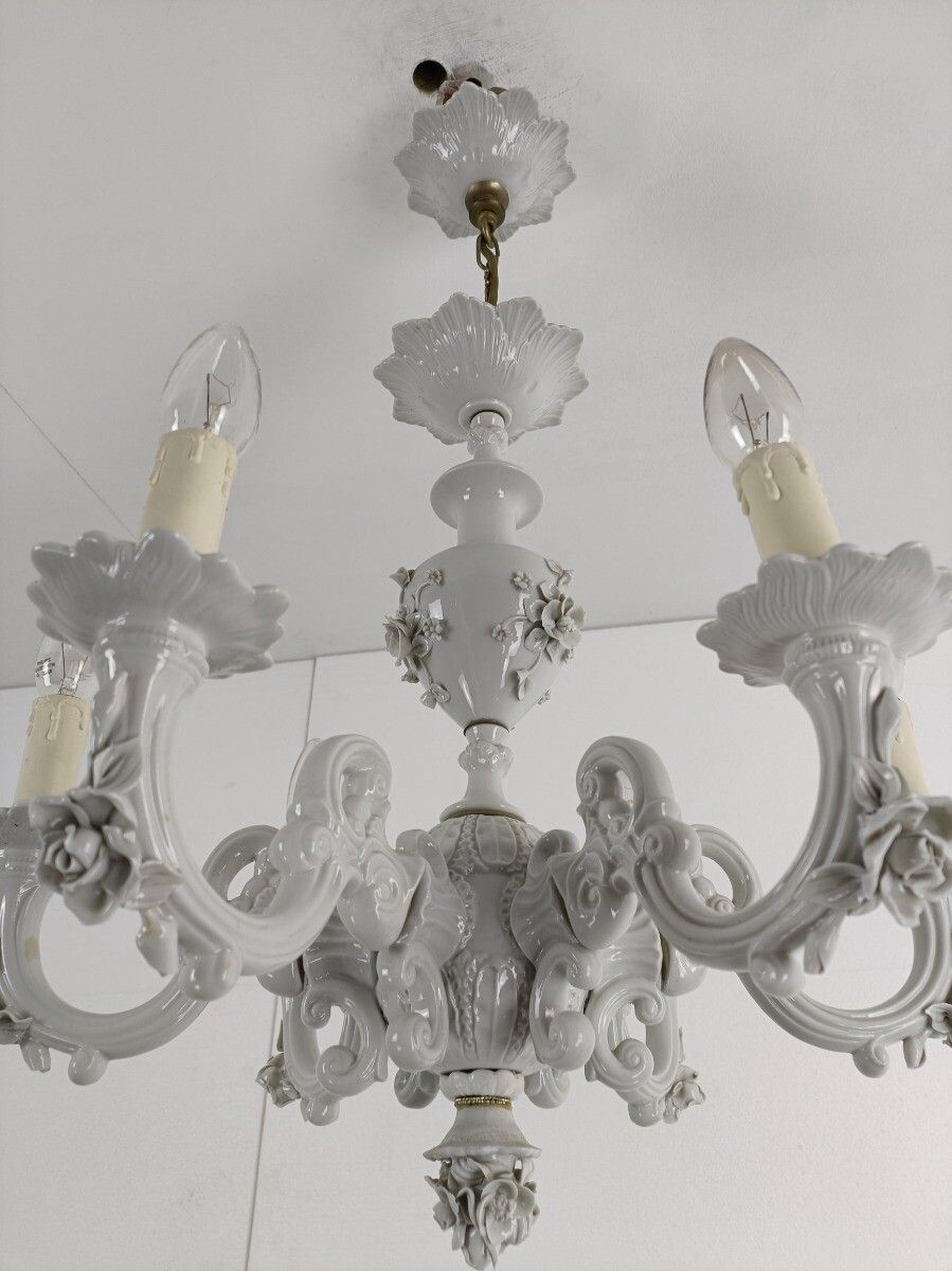 Capodimonte Porcelain Chandelier 6 Arm Lights, White, Marked, Very Special, Vint photo buy