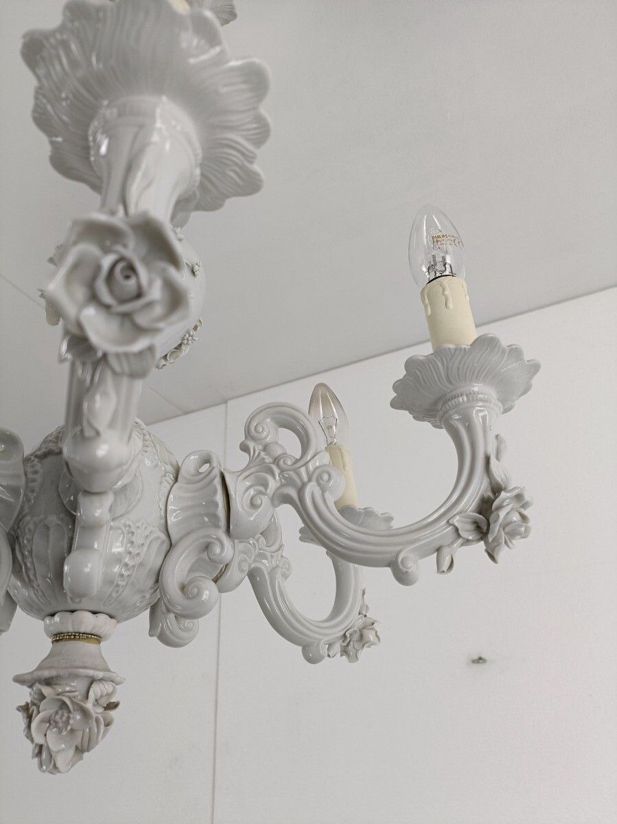 photo furniture Capodimonte Porcelain Chandelier 6 Arm Lights, White, Marked, Very Special, Vint