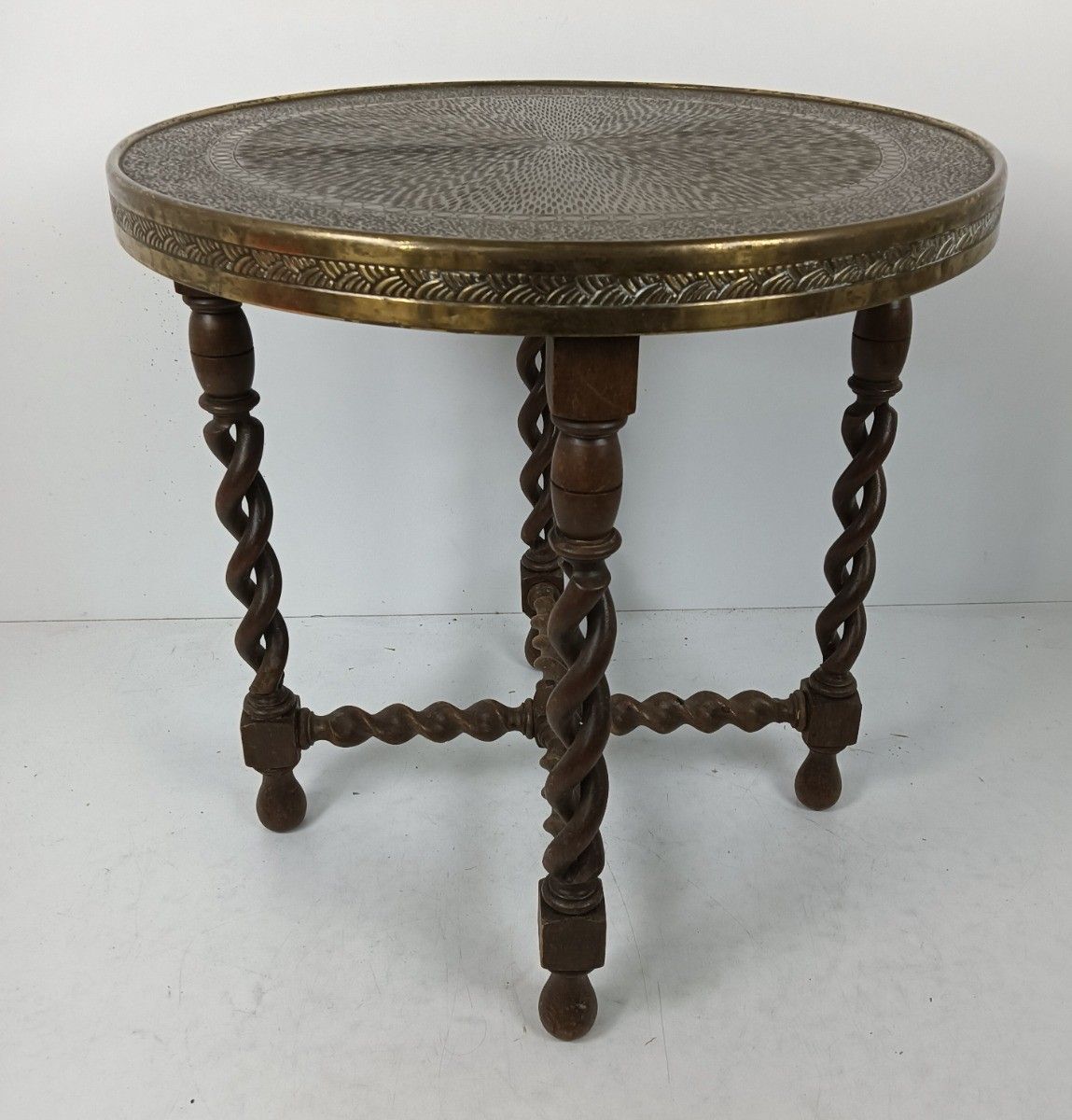 Open Barley Twist Wooden Side Wine Table Pedestal Plant Stand Faux Brass Top Orn photo furniture