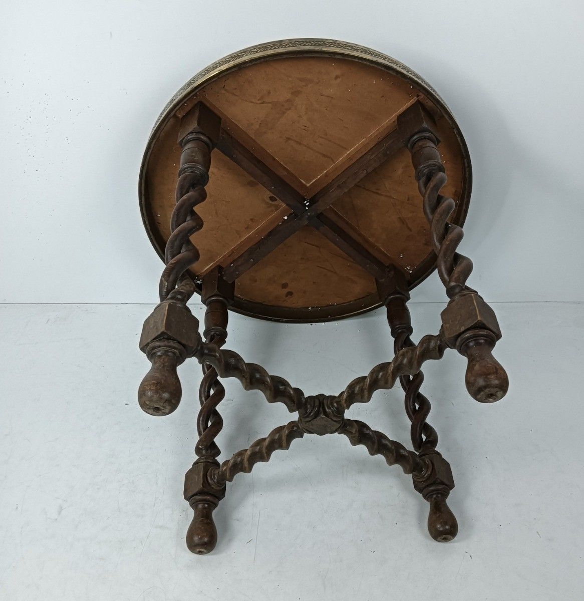 Open Barley Twist Wooden Side Wine Table Pedestal Plant Stand Faux Brass Top Orn photo buy