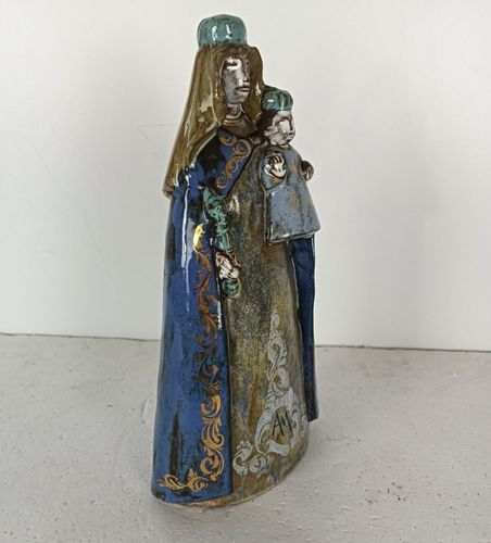 Gorgeous Terracotta Glazed Polychrome Statue Figurine Virgin Mary With Infant Je photo vintage