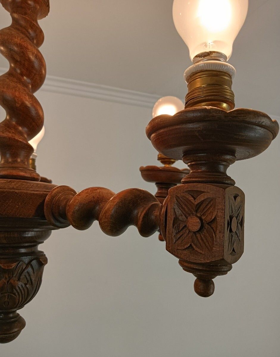 Barley Twist Wooden Wood Chandelier Ornate 5 Lights Small Vintage Barn Style photo vintage
