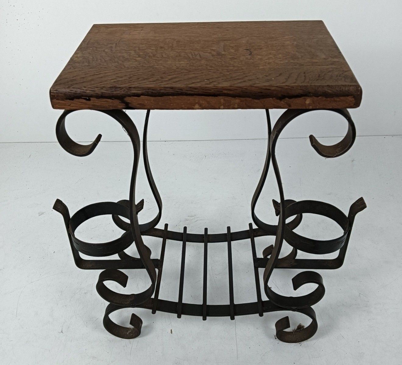 Vintage Wrought Cast Iron Wine Rack Bottle Holder Side Table Wooden Top Farmhous photo for sale