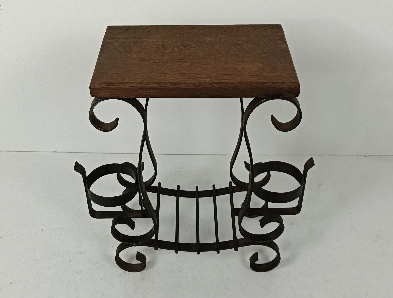 Vintage Wrought Cast Iron Wine Rack Bottle Holder Side Table Wooden Top Farmhous photo 113.0