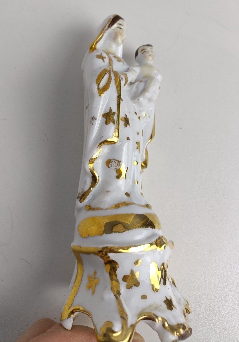 Antique 1900 Vieux Paris Porcelain Bisque Statue Virgin Mary Madonna Infant Jesu photo vinterior