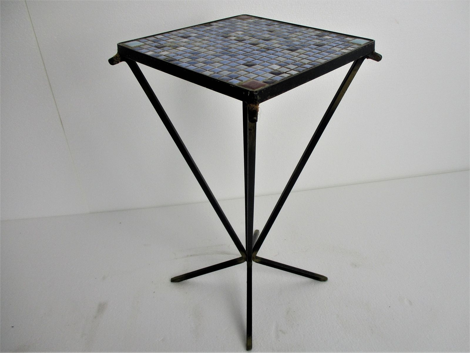 Vintage Small Side Table Plant Stand Mosaic Tiles Checkered Pattern Wrought Iron photo for sale
