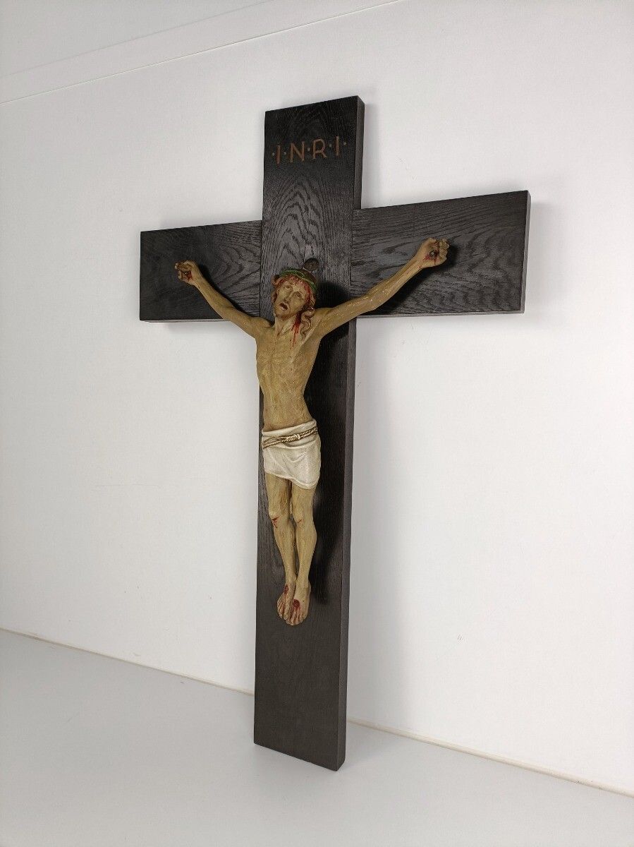 Large Oak Crucifix Gorgous Sculpted Plaster Corpus Piece Of Art Sculpture Wall H photo furniture