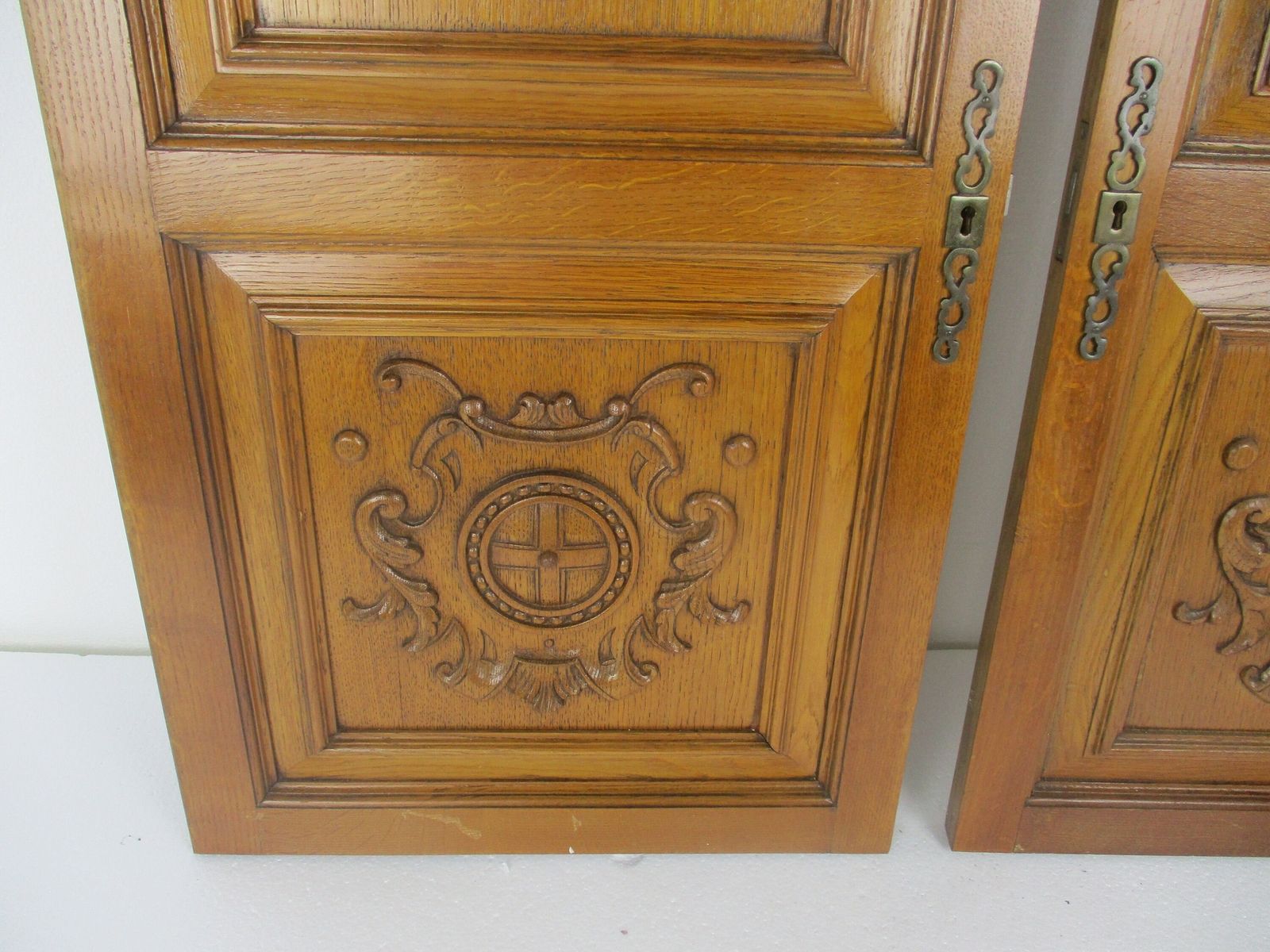 Pair  Hand Carved Wooden  Door Panels Reclaimed Architectural Medieval Style photo Home Fixtures