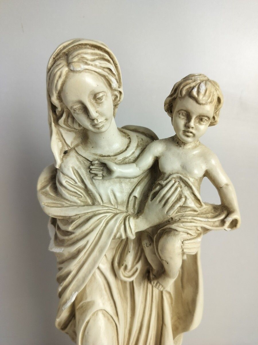 Plaster Statue Madonna With Infant Jesus Virgin Mary On Granite Base Signed A.S. photo furniture