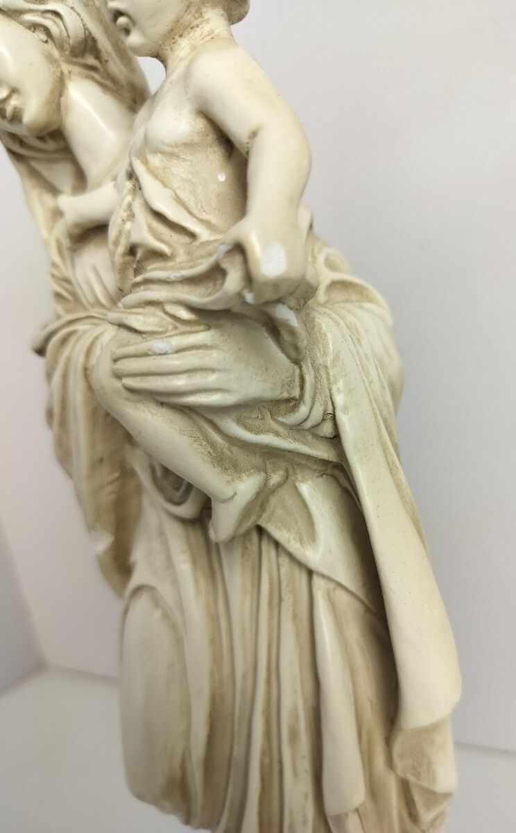 Plaster Statue Madonna With Infant Jesus Virgin Mary On Granite Base Signed A.S. photo Art