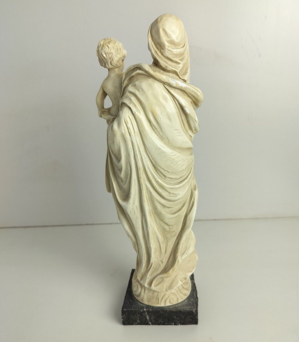 Plaster Statue Madonna With Infant Jesus Virgin Mary On Granite Base Signed A.S. photo vintage