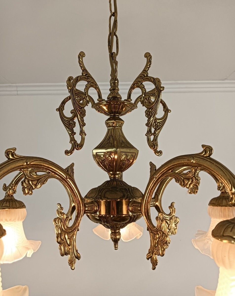 Vintage Brass Chandelier Fixture Glass Shades 5 Lights Arm Romantic photo 405.0