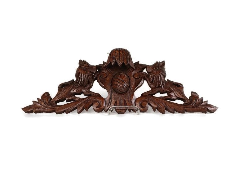 Hand Carved Ornate Antique Pediment Over Door Wood Animals Foxes Reclaimed Archi
