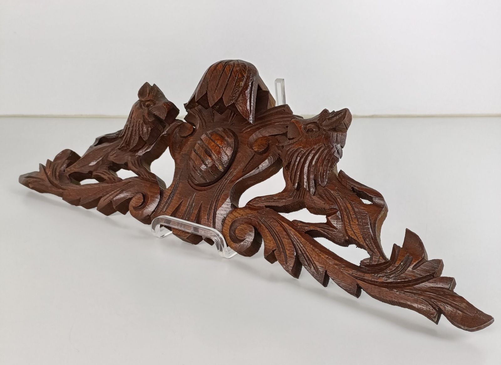 Hand Carved Ornate Antique Pediment Over Door Wood Animals Foxes Reclaimed Archi photo for sale