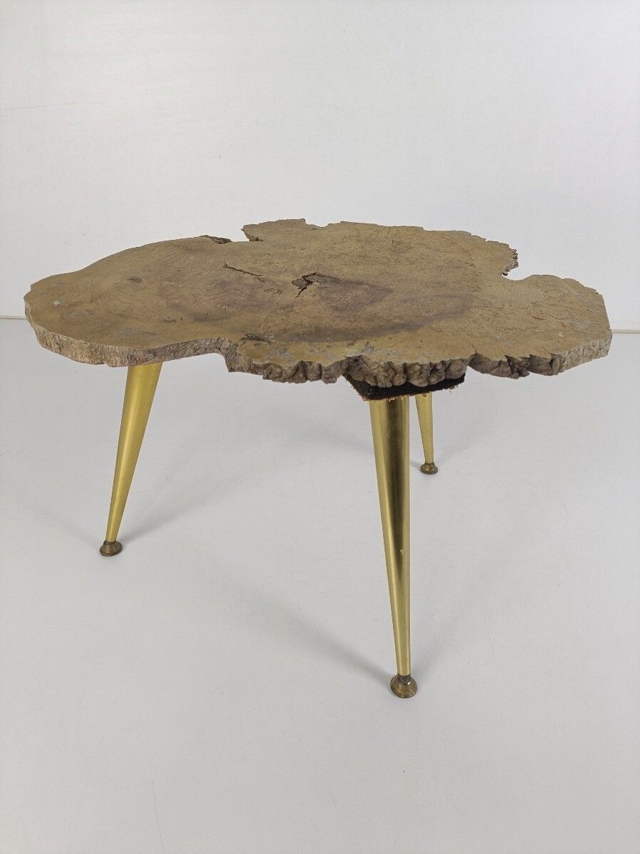 Small Wooden Wood Brutalist Table Brass Legs Wooden Top Steampunk Modernist photo Furniture