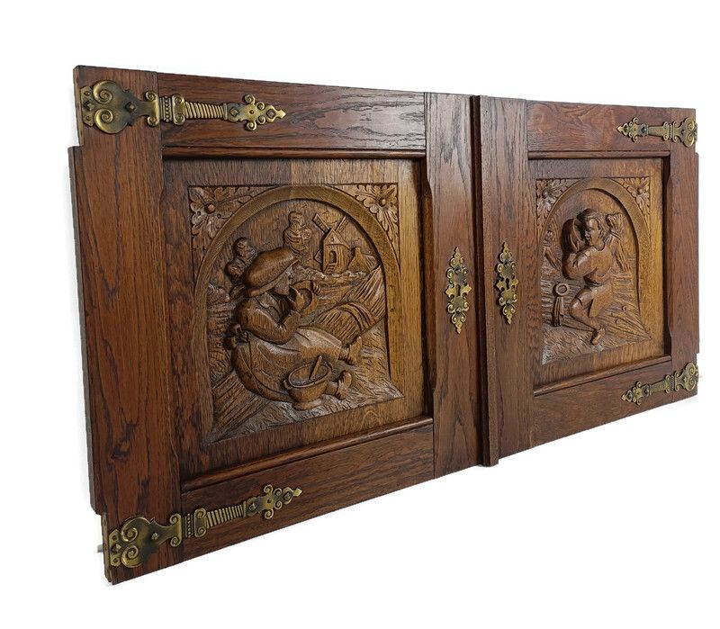 Pair Antique Carved Wood Door Panels Brass Trims Breughel Style Architectural Sa