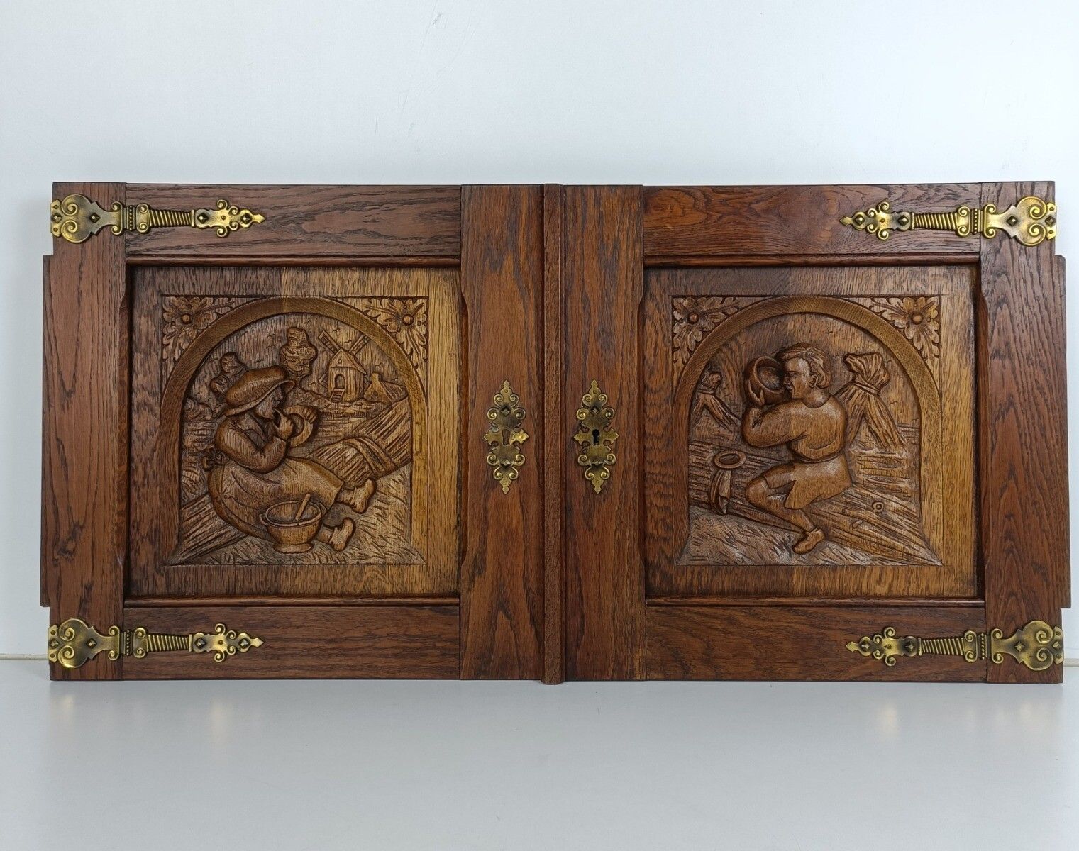 Pair Antique Carved Wood Door Panels Brass Trims Breughel Style Architectural Sa photo for sale
