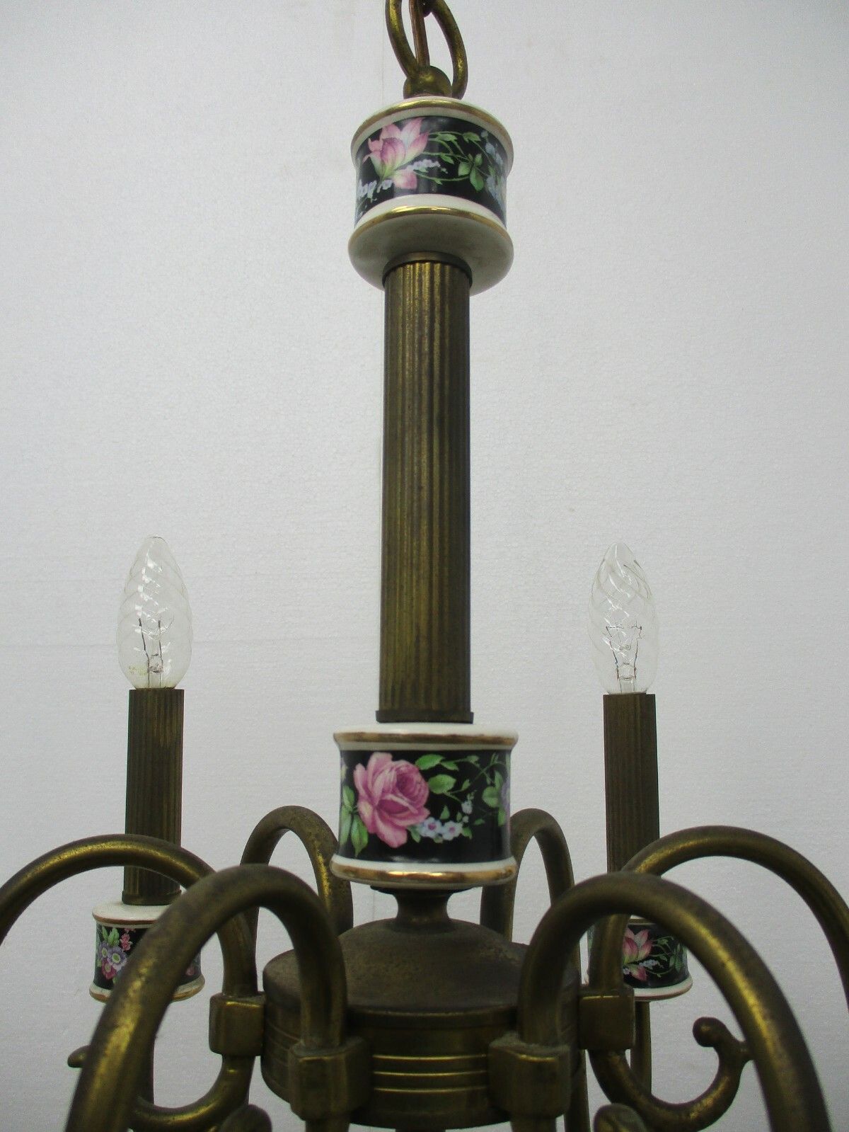 Romantic Chandelier Pendant 6 Arm Lights Brass Porcelain Flowers Mid Century photo vinterior