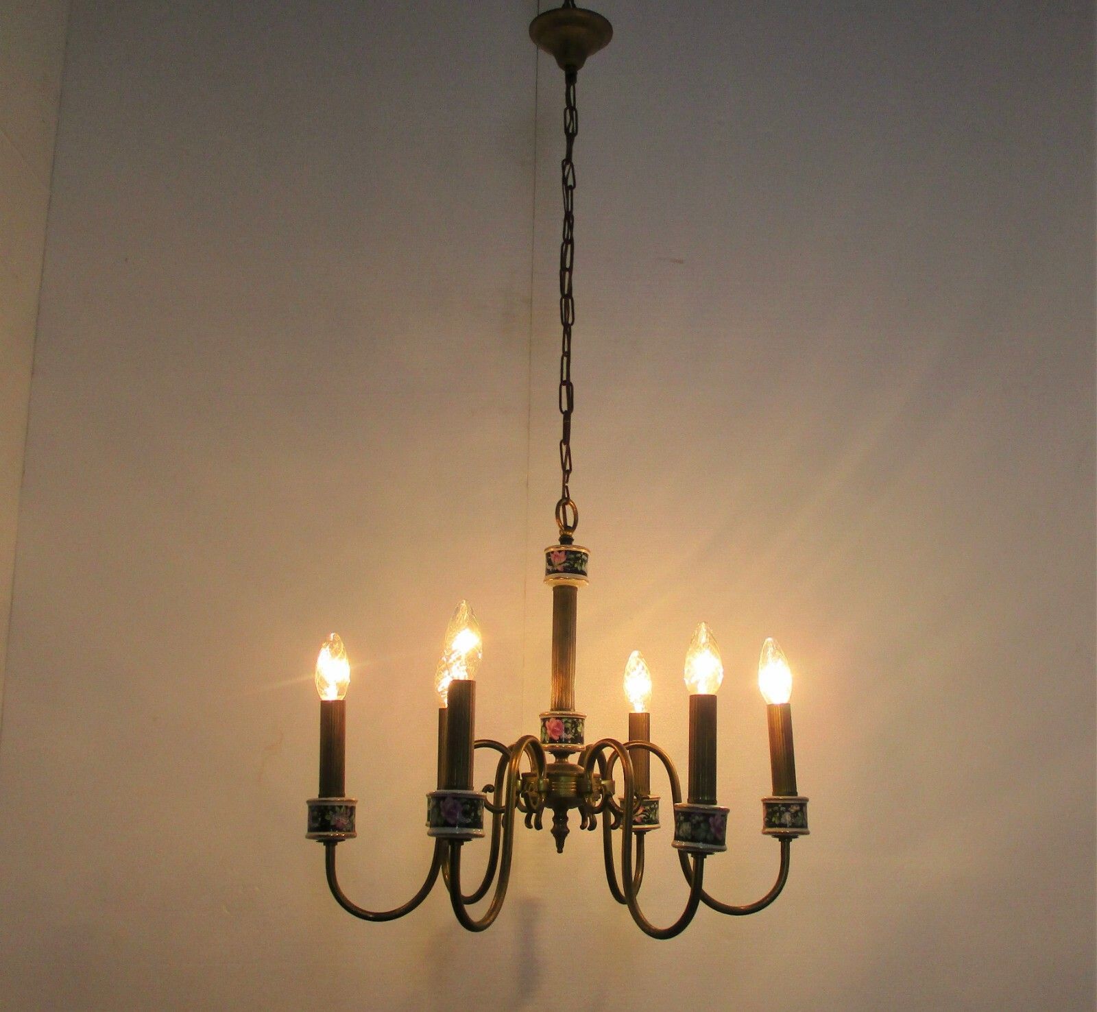 Romantic Chandelier Pendant 6 Arm Lights Brass Porcelain Flowers Mid Century photo vintage