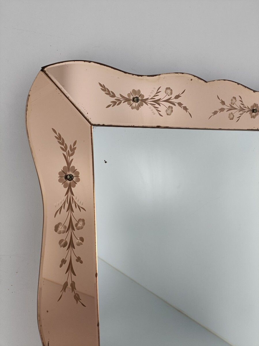 Large Art Deco Nouveau Wall Hanging Ornate Mirror Pink Clear Etched Glass Vanity photo for sale