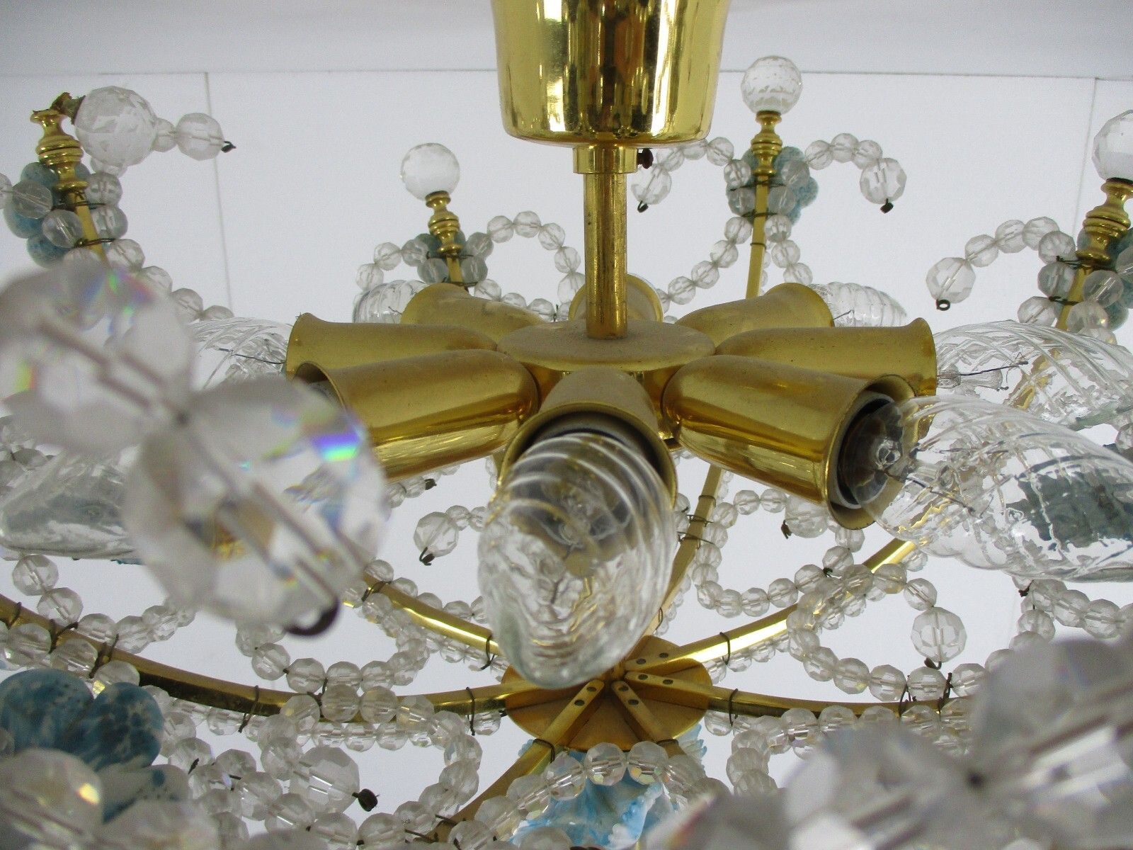 Italian Plafonière Fixture Lamp Crystal Prisms Murano Art Glass Flowers 8 Lights photo buy