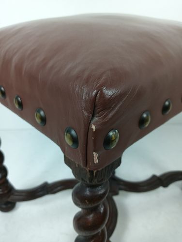 Antique Footstool Ottoman Barley Twist Wood Foot Rest 20th Century Hobnails Gorg photo vinterior