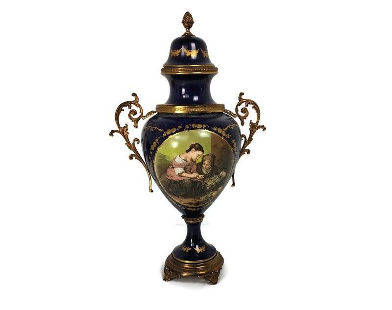 Large  Vase Centerpiece Lidded Urn Cobalt Blue Porcelain Modernist Sèvres Style