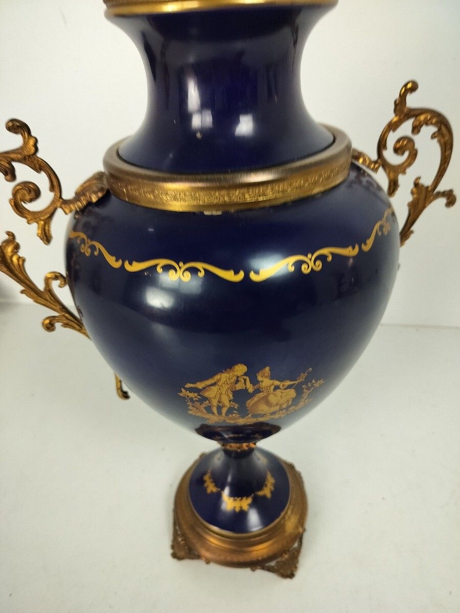 Large  Vase Centerpiece Lidded Urn Cobalt Blue Porcelain Modernist Sèvres Style photo for sale