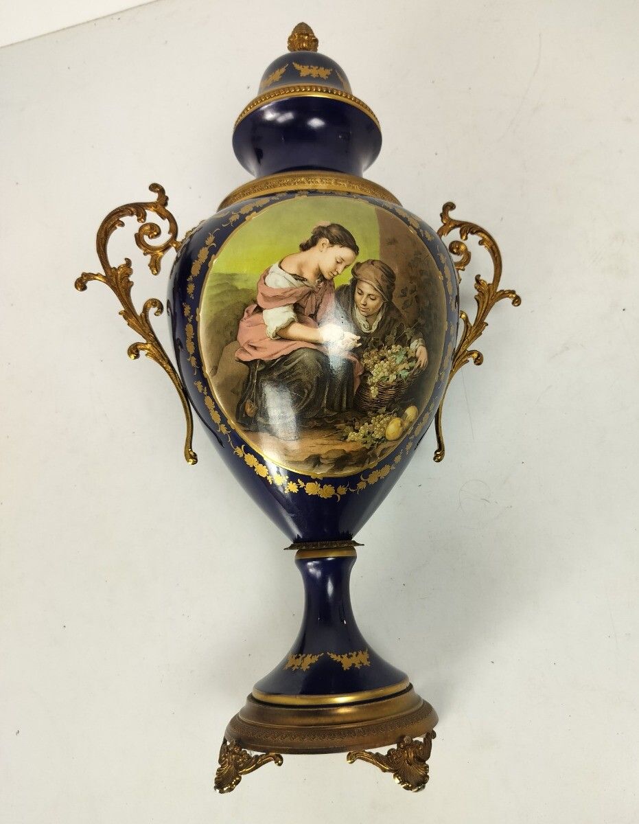 Large  Vase Centerpiece Lidded Urn Cobalt Blue Porcelain Modernist Sèvres Style photo 405.0