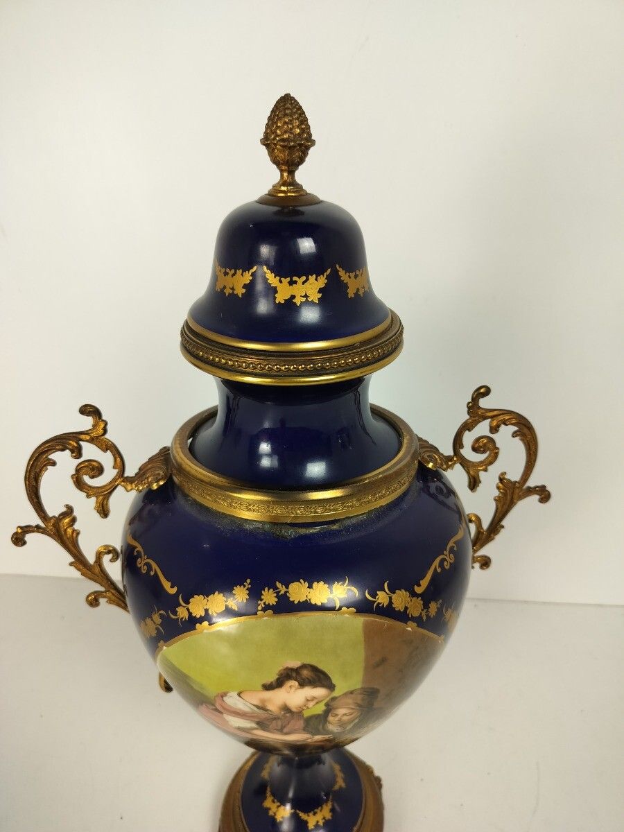 photo for sale Large  Vase Centerpiece Lidded Urn Cobalt Blue Porcelain Modernist Sèvres Style