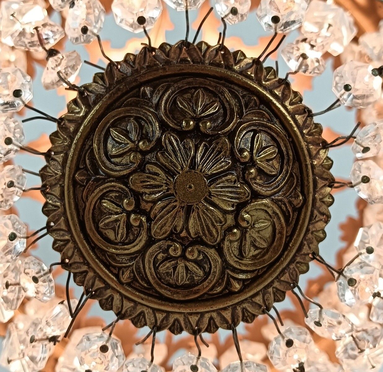 French Wedding Bag Chandelier Romantic Ornate Brass 1 Light Art Glass Prisms Vin photo furniture