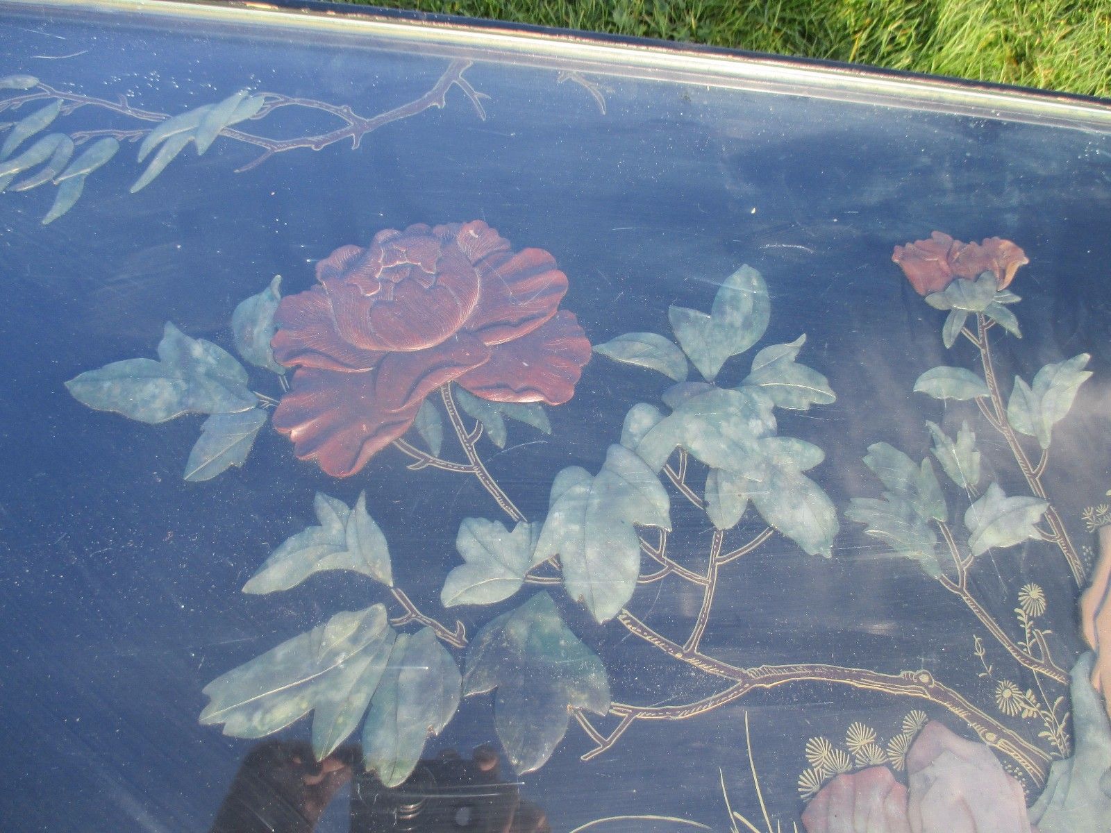 Antique 19th Century Chinese Coffee Table Inlay Jade Landscape Scene Stunning photo vinterior