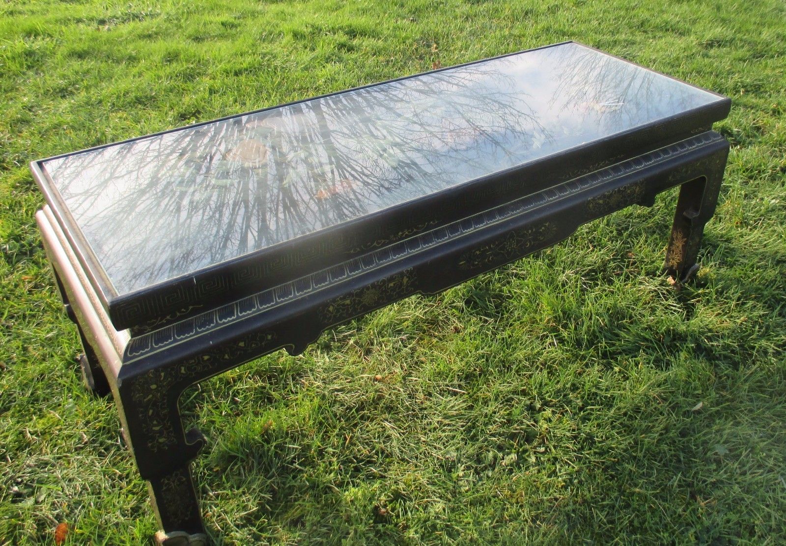 Furniture Antique 19th Century Chinese Coffee Table Inlay Jade Landscape Scene Stunning photo