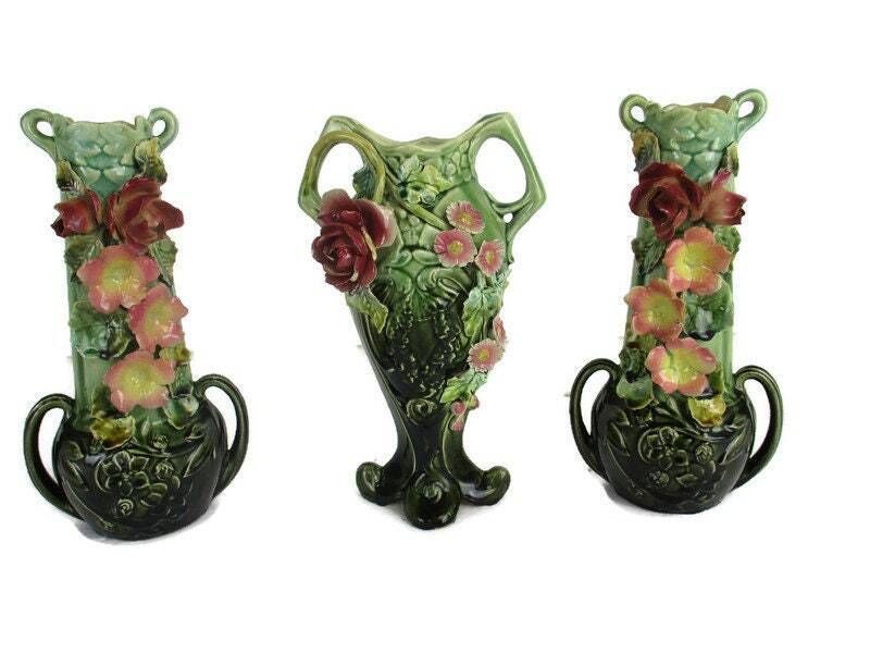 Set Of 3 French Barbotine Majolica Vases Planters Centerpiece Pitchers Art Nouve