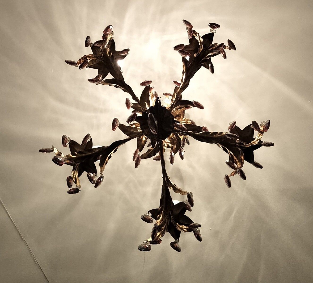 Gold Gilded Florentine Italian Hollywood Regency Chandelier Ambered  Crystals 5 photo Lighting