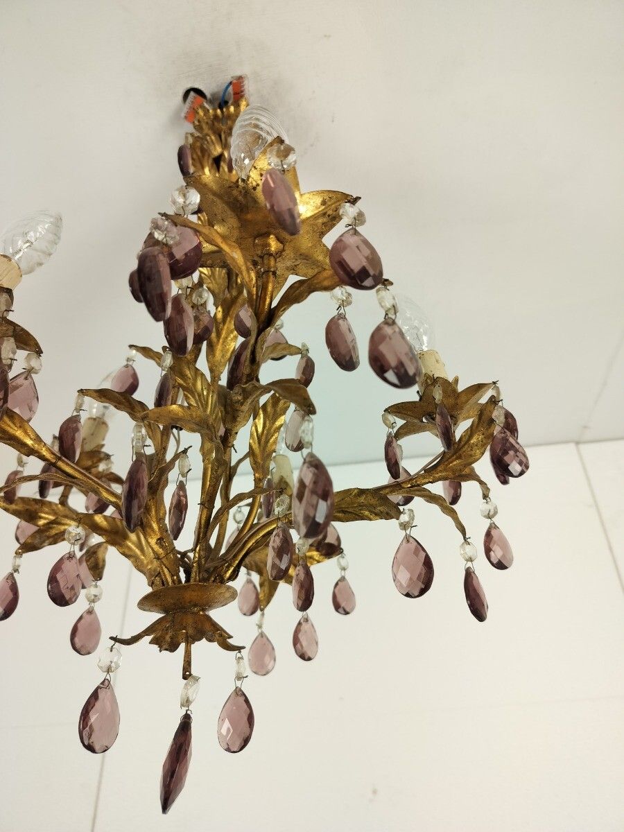 Gold Gilded Florentine Italian Hollywood Regency Chandelier Ambered  Crystals 5 photo vintage