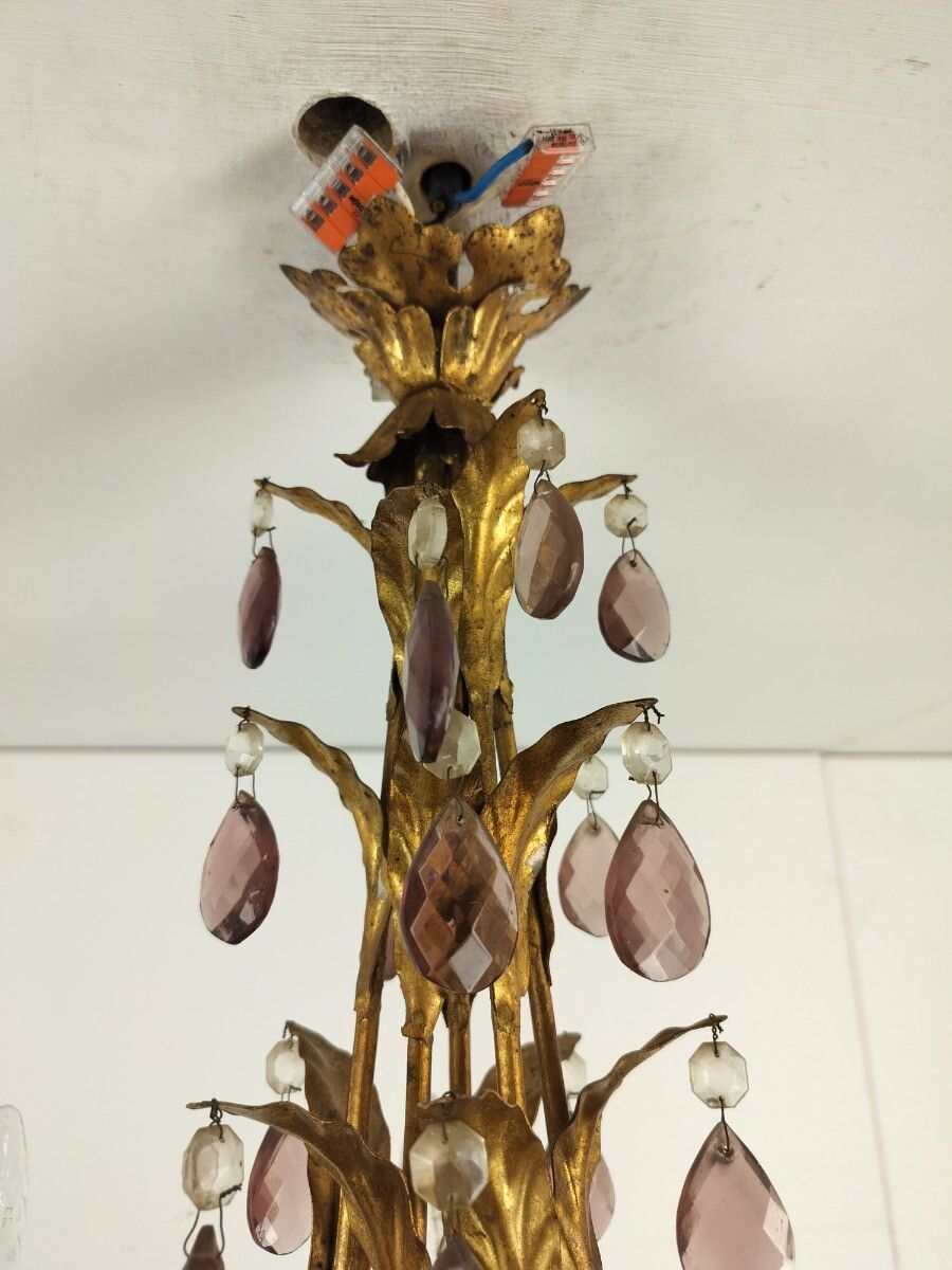 photo for sale Gold Gilded Florentine Italian Hollywood Regency Chandelier Ambered  Crystals 5