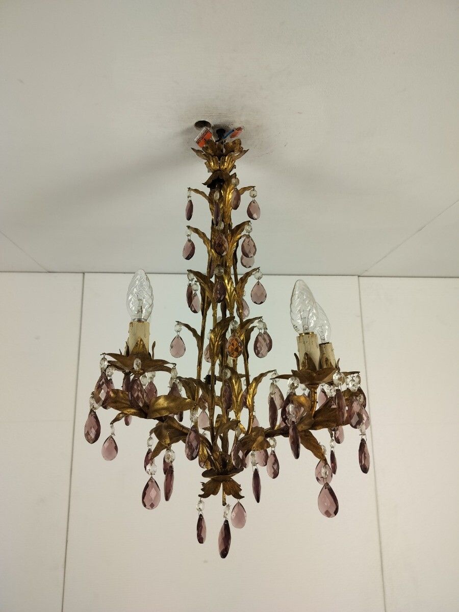 Lighting Gold Gilded Florentine Italian Hollywood Regency Chandelier Ambered  Crystals 5 photo