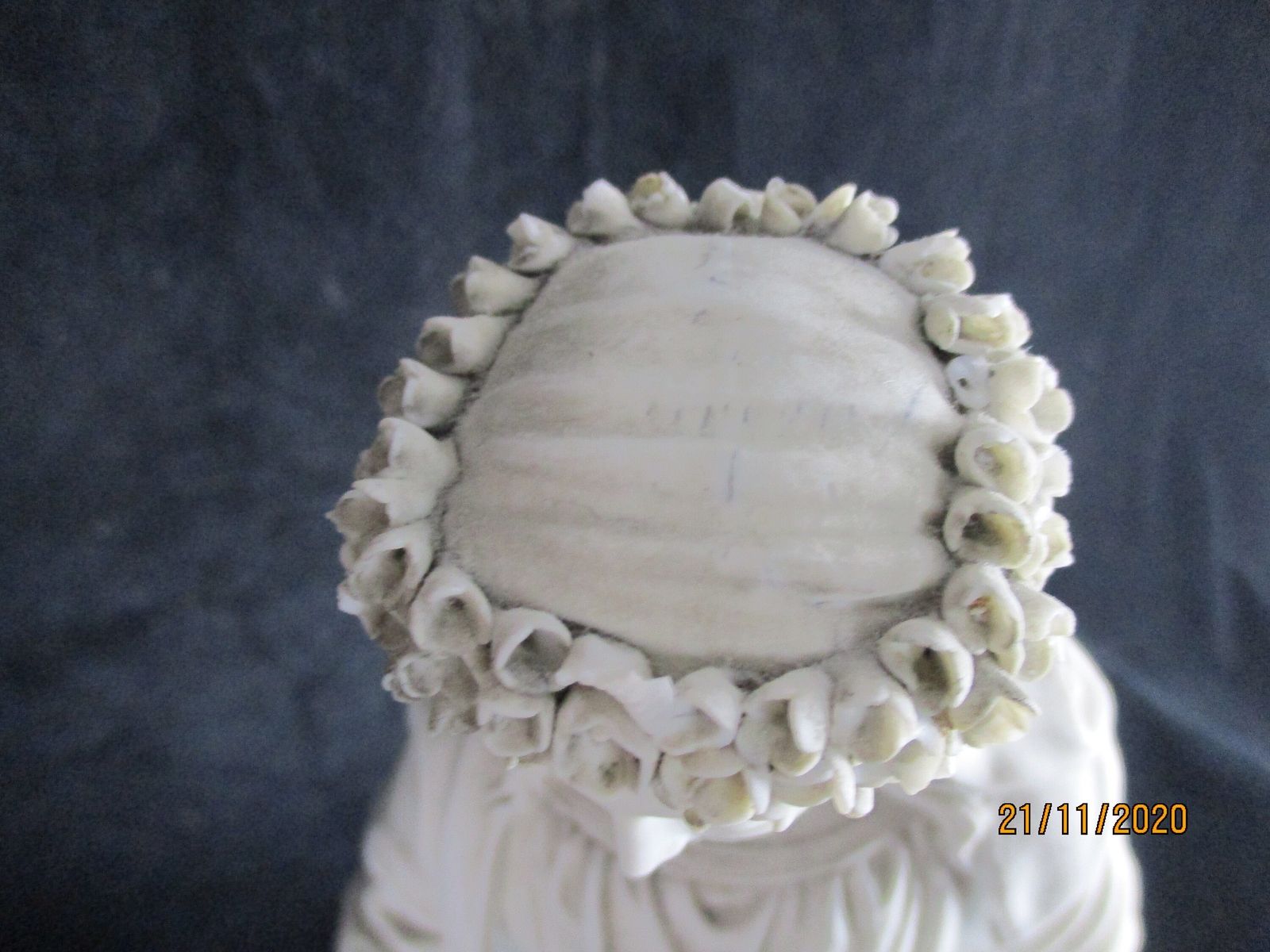 photo for sale French Antique 1900 Bisque Statue Virgin Mary Our Lady Infant Flower Wreath Crow
