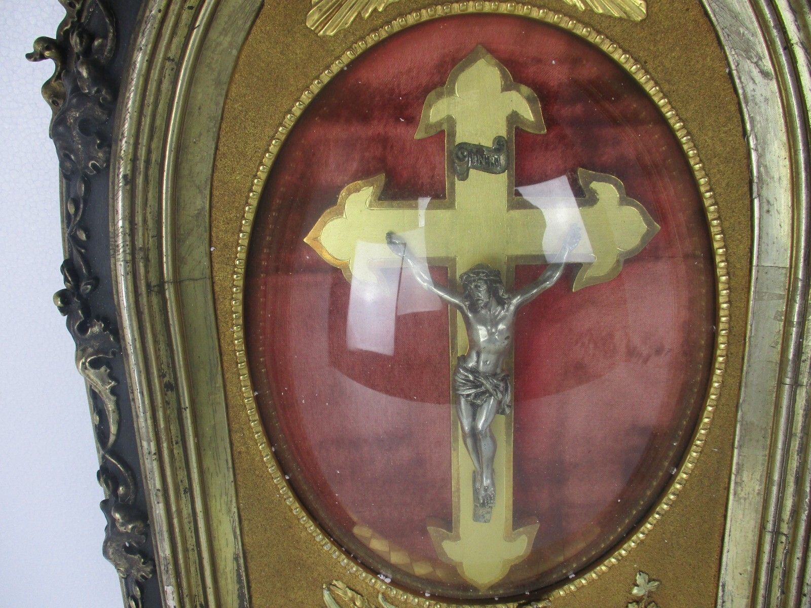 photo furniture Antique Ornate Frame  Convex Glass Dome Crucifixion Lamb Of God Plaster Wood Wow
