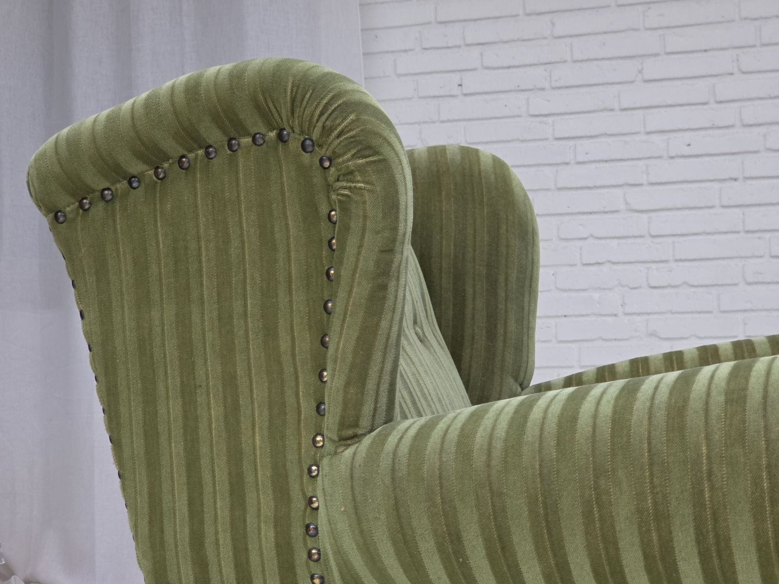 Furniture 1950s, Danish Relax Armchair, Green Furniture Velour Fabric, Ash Wood Legs. photo