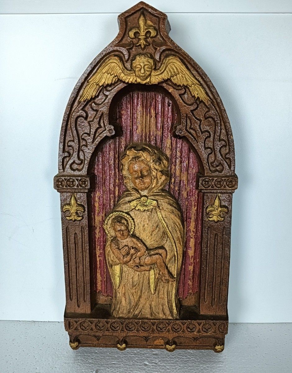 Gothic Gorgeous Wall Hanging French Fleur De Lis Madonna With Infant Jesus Angel photo furniture