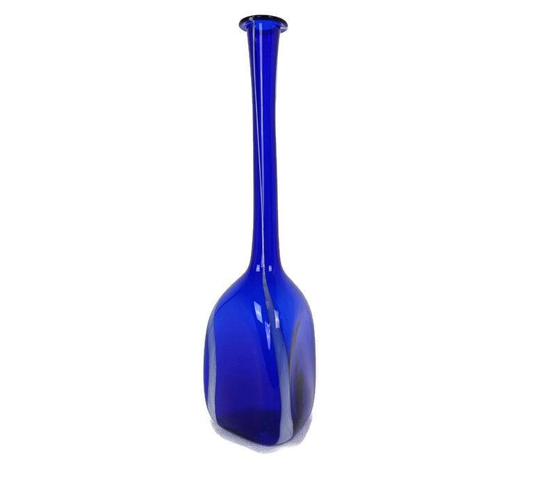 Vintage Retro Art Glass Genie Bottle Vase Cobalt Blue White Lines Extremely Htf