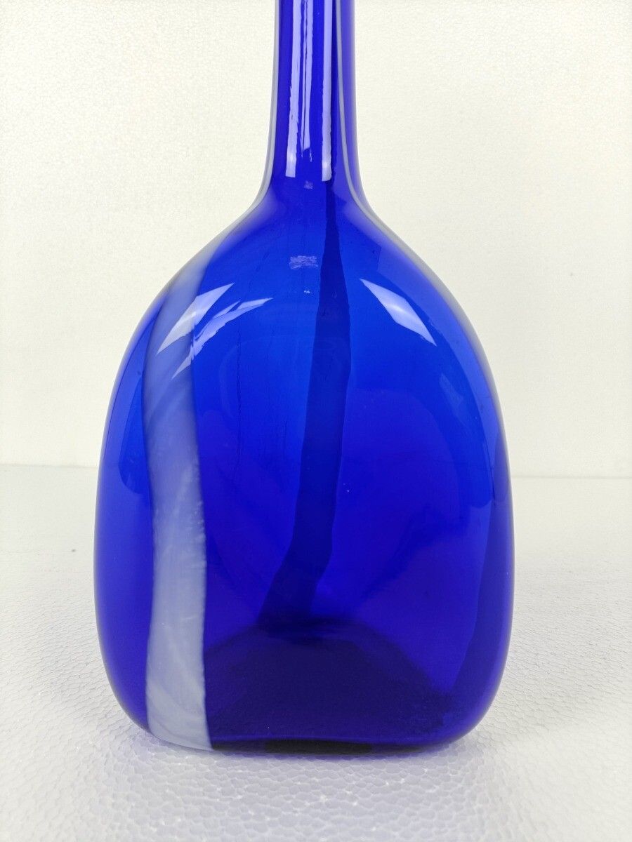 Vintage Retro Art Glass Genie Bottle Vase Cobalt Blue White Lines Extremely Htf photo Home Decor